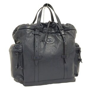 GUCCI Double GG Drawstring Tote Bag Leather Navy Blue